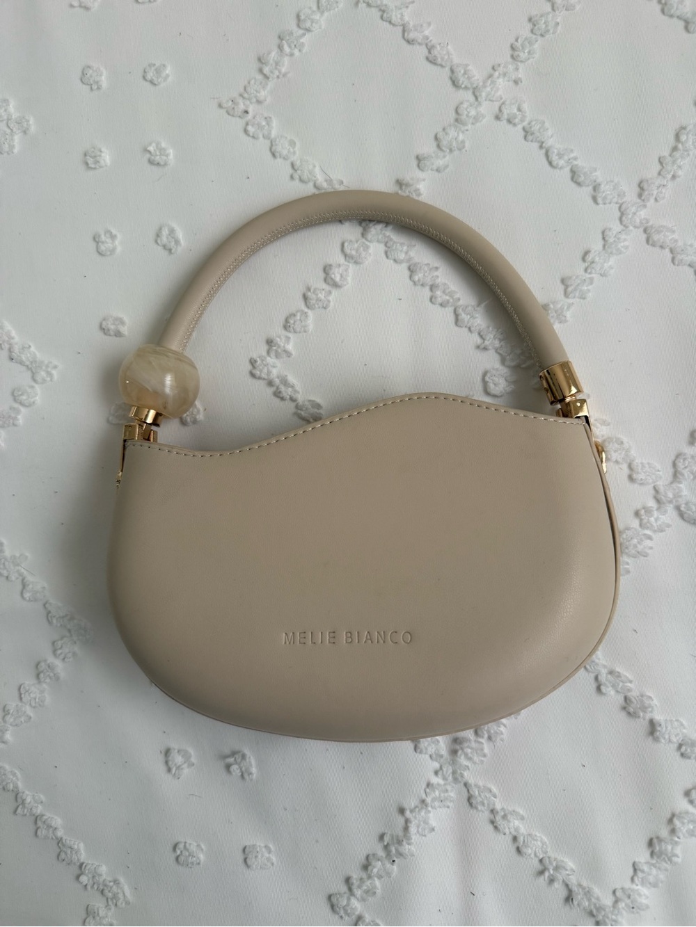 Melie Biiano Beige Sculpted Mini Top-Handle Bag with Bead Accent